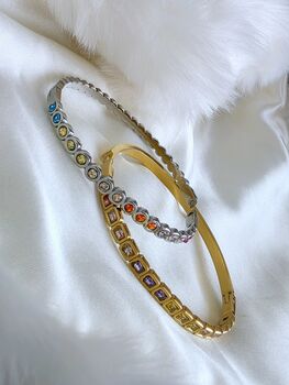 Bezel Set Coloured Gemstone Hinged Bangle In 18k Gold On Stainless Steel, Waterproof Jewellery, 5 of 11