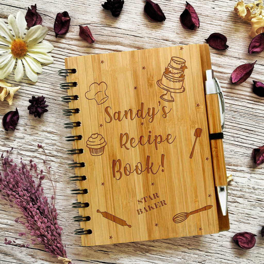 Personalised Bamboo Recipe Book Baker Eco Paper And Pen, 1 of 7