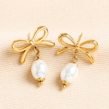 Stainless Steel Bow Pearl Drop Earrings In Gold, 2 of 5