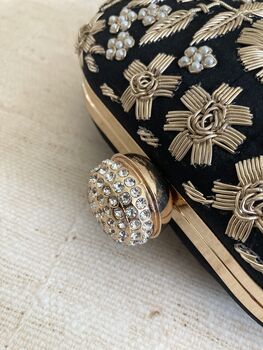 Black Handcrafted Embroidered Pearl Oval Clutch Bag, 8 of 10
