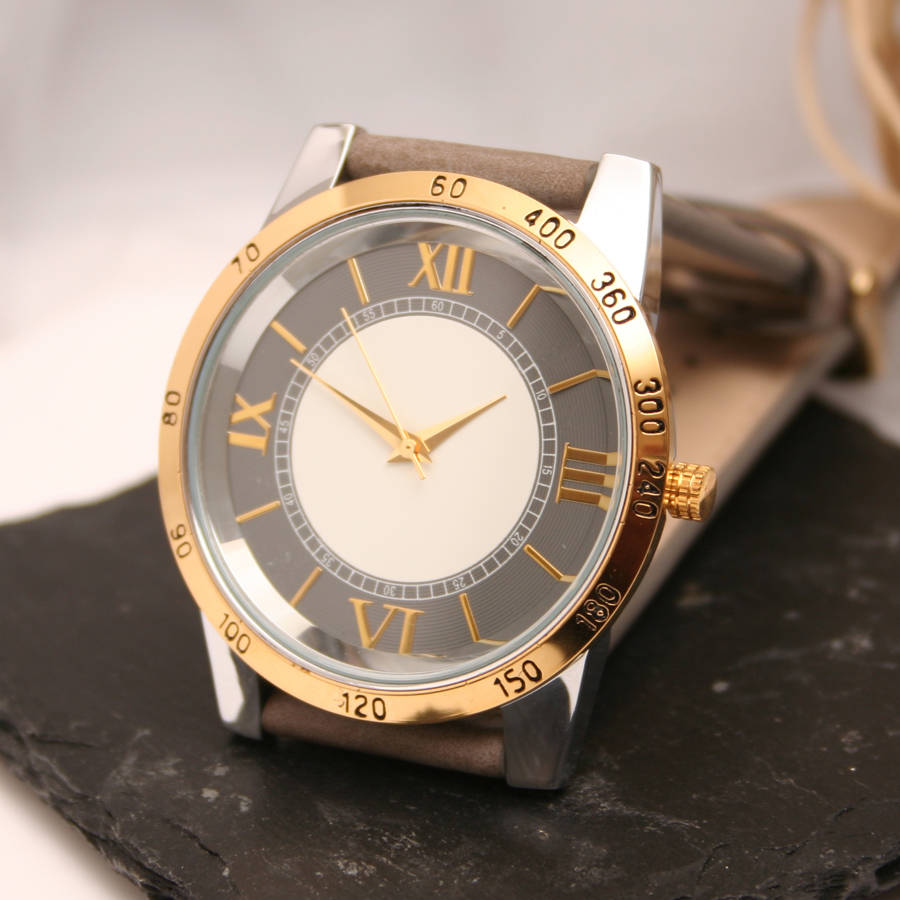 Mens Brass Wrist Watch With Grey And White Dial By