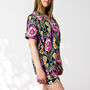Ikat Print 100% Cotton Ladies Pyjama Short Set In Navy And Pink, thumbnail 3 of 10