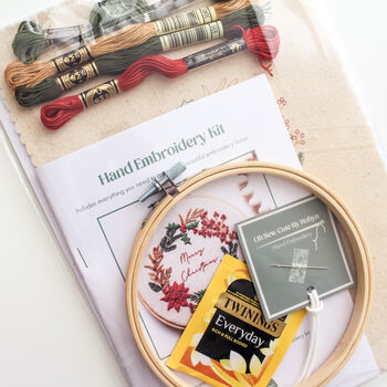 “Merry Christmas” Wreath With Festive Foliage Beginner Embroidery Kit, Hand Embroidery, 3 of 5