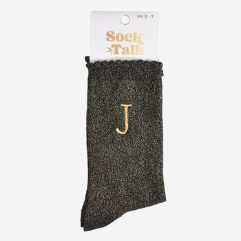 Women's Glitter Socks Black Gold Initial 'J', 5 of 5