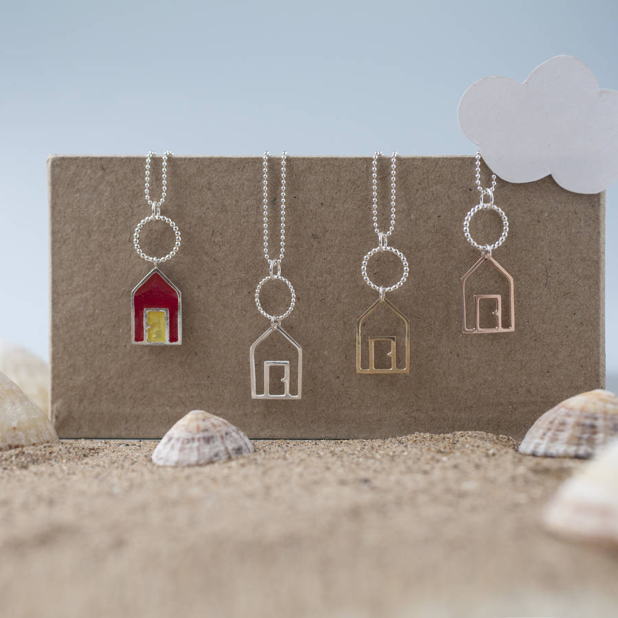 silver beach hut pendant necklace by kate wimbush jewellery