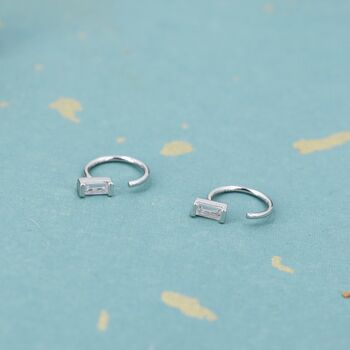 Vertical Baguette Cut Cz Huggie Hoop Earrings In Sterling Silver, 3 of 11