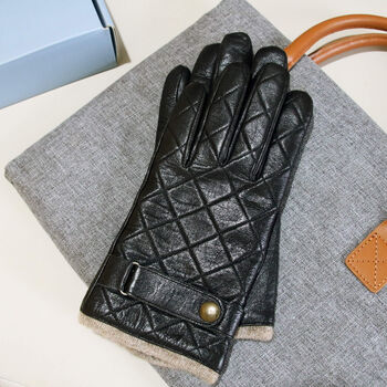 Men's Quilted Leather Gloves With Strap Detail, 8 of 12