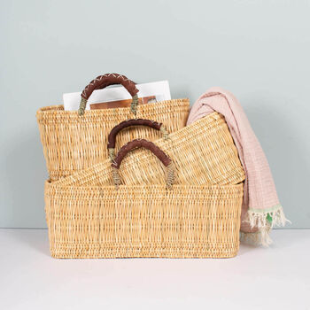 Reed Storage Baskets With Leather Handles, 3 of 4