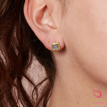 Gray Labradorite Gold Plated Beaded Edged Stud Earrings, 3 of 11