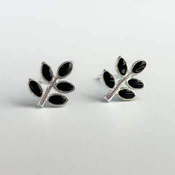 Sterling Silver Black Leaf Stud Earrings, 3 of 5