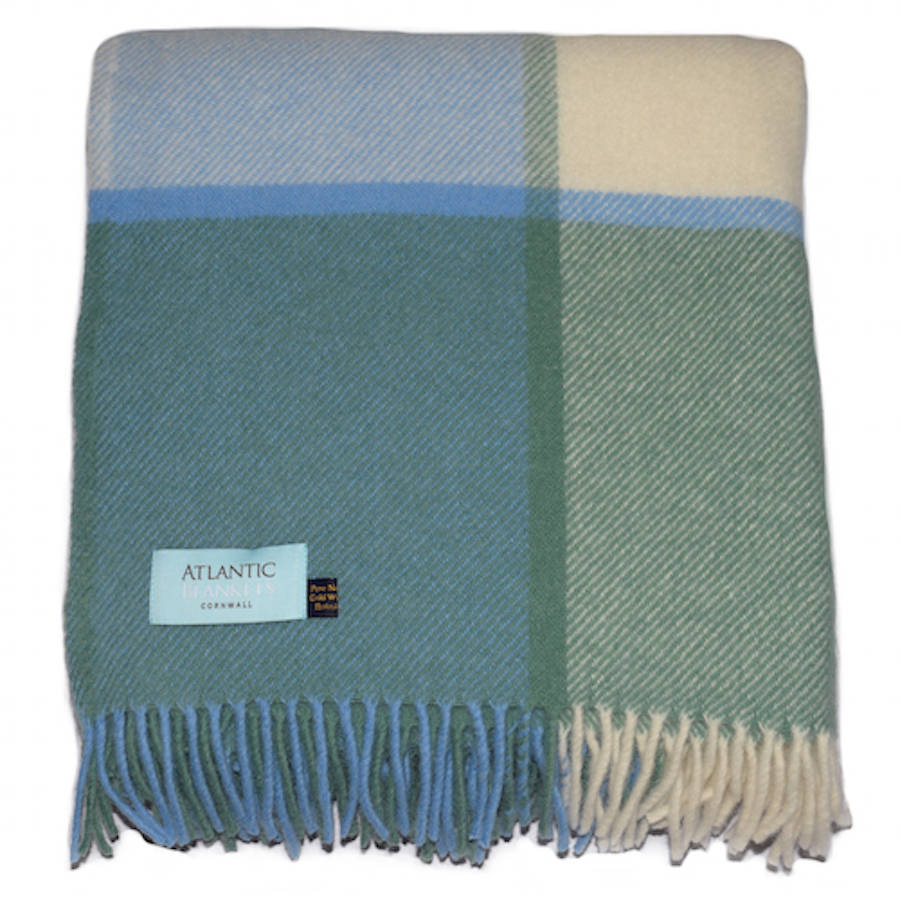 Block Check Sea Green And Blue Wool Throw By Atlantic Blankets