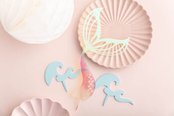 Iridescent Mermaid Tail And Waves Party Cake Topper Set, 3 of 4