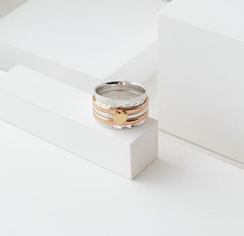 Sterling Silver Hammered Spinner Ring With Golden Heart, 2 of 4
