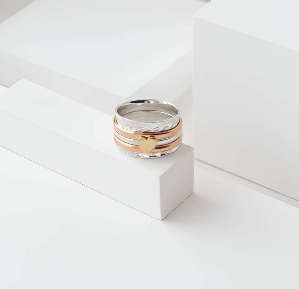 Sterling Silver Hammered Spinner Ring With Golden Heart, 1 of 3