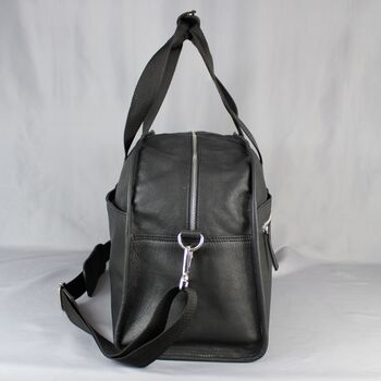 Black Leather Laptop Weekend Bag With Gunmetal Zip, 7 of 10