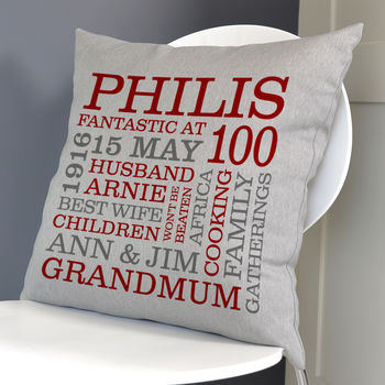 Personalised 100th Birthday Word Art Cushion, 6 of 9