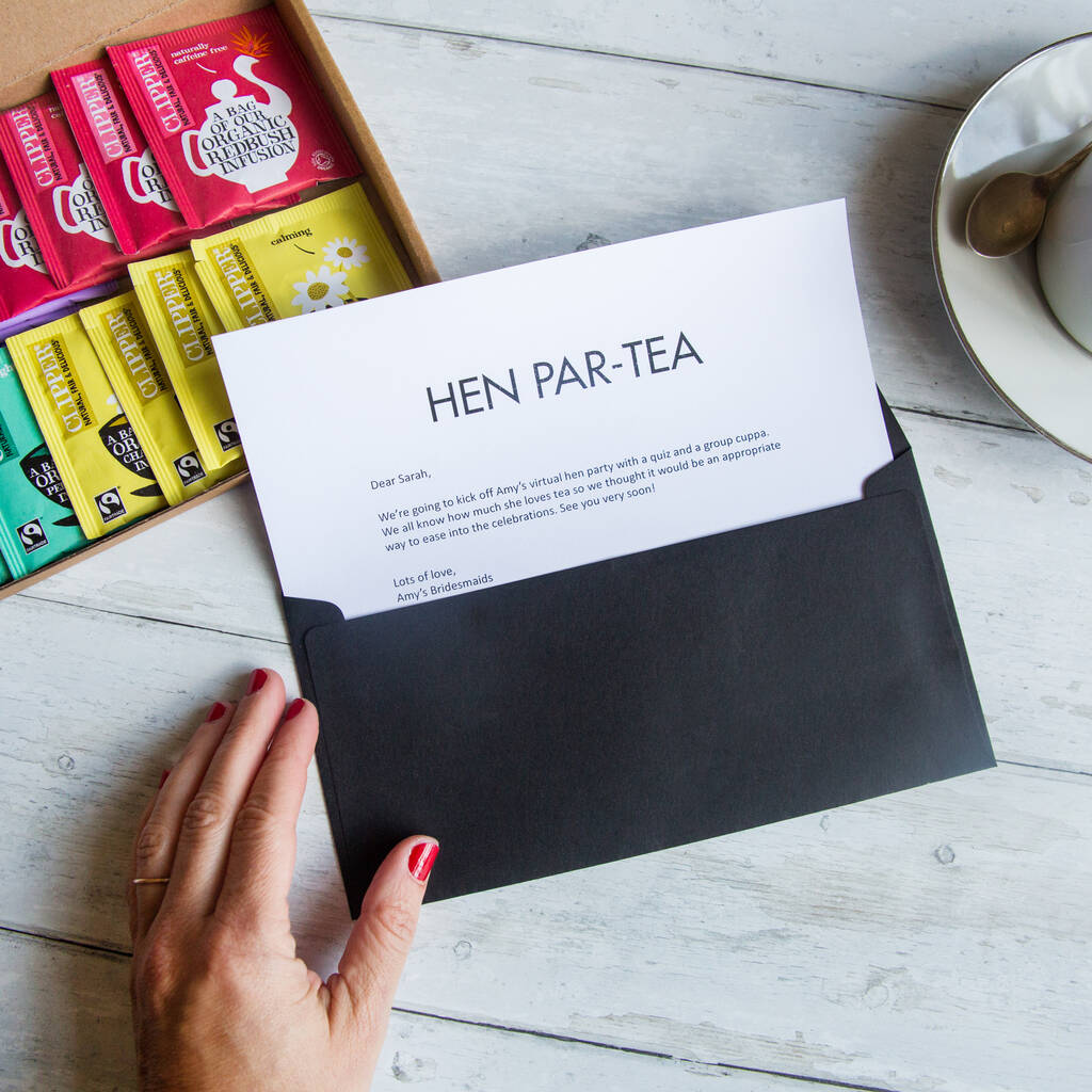 virtual hen party personalised letterbox tea by novello
