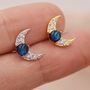 Crescent Moon And Blue Crystals Stud Earrings, thumbnail 3 of 11