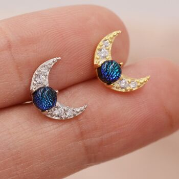 Crescent Moon And Blue Crystals Stud Earrings, 3 of 11