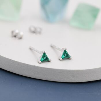 Tiny Emerald Green Cz Triangle Stud Earrings, 3 of 10