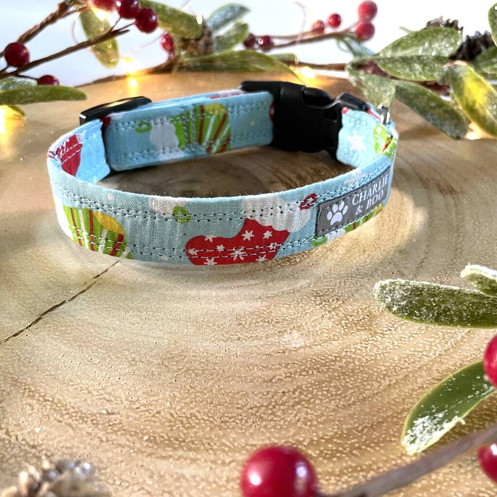 Blue Christmas Stockings Dog Collar By Charlie and Boo