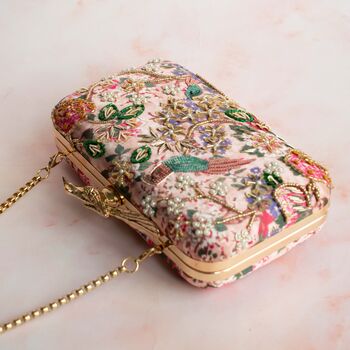 Mumbai Dreams Printed Nude Pink Bird Clasp Clutch, 4 of 5