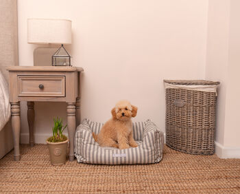 Mutts And Hounds Boxy Dog Bed Grey Stars And Charcoal Stripe Or Flintstripe Brushed Cotton, 5 of 8