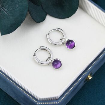 Sterling Silver Dangling Genuine Amethyst Hoop Earrings, 5 of 11