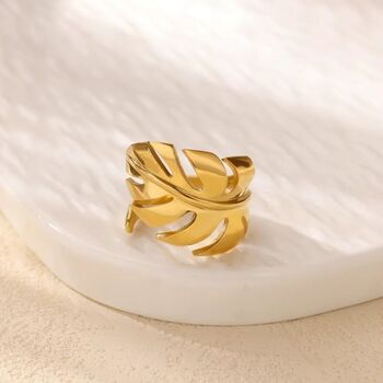 Tropical Monstera Plant Leaf Open Statement Gold/S Ilver Ring, 4 of 5