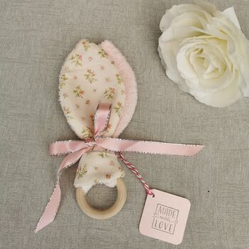 Fabric Bunny Ear Teething Ring, Pink Floral Baby Gift, 5 of 12