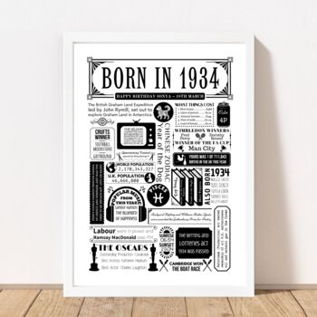 Born In 1934 Personalised 90th Birthday Fact Poster, 6 of 8