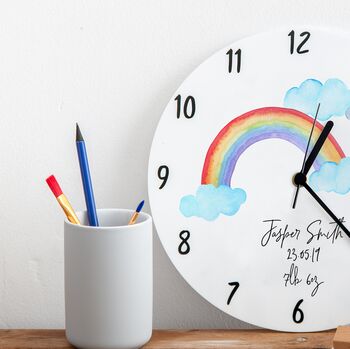 Rainbow Clouds Birth Date Personalised Bedroom Clock, 3 of 6