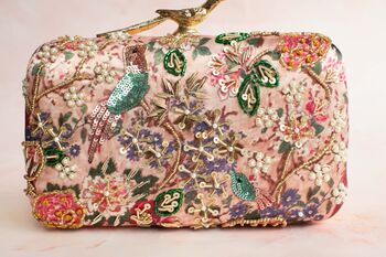 Mumbai Dreams Printed Nude Pink Bird Clasp Clutch, 5 of 5