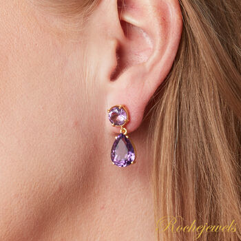 Purple Amethyst Statement Gold And Silver Stud Drop Earrings, 2 of 9