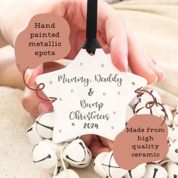 Mummy Daddy And Bump Ceramic Star Tree Decoration, 2 of 4