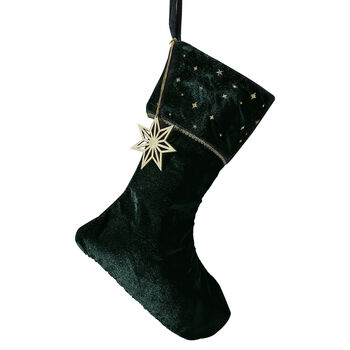 Green Velvet Embroidered Christmas Stocking With Charm, 2 of 3