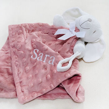 Personalised Dusty Pink Bobble Bunny Baby Comforter, 2 of 8