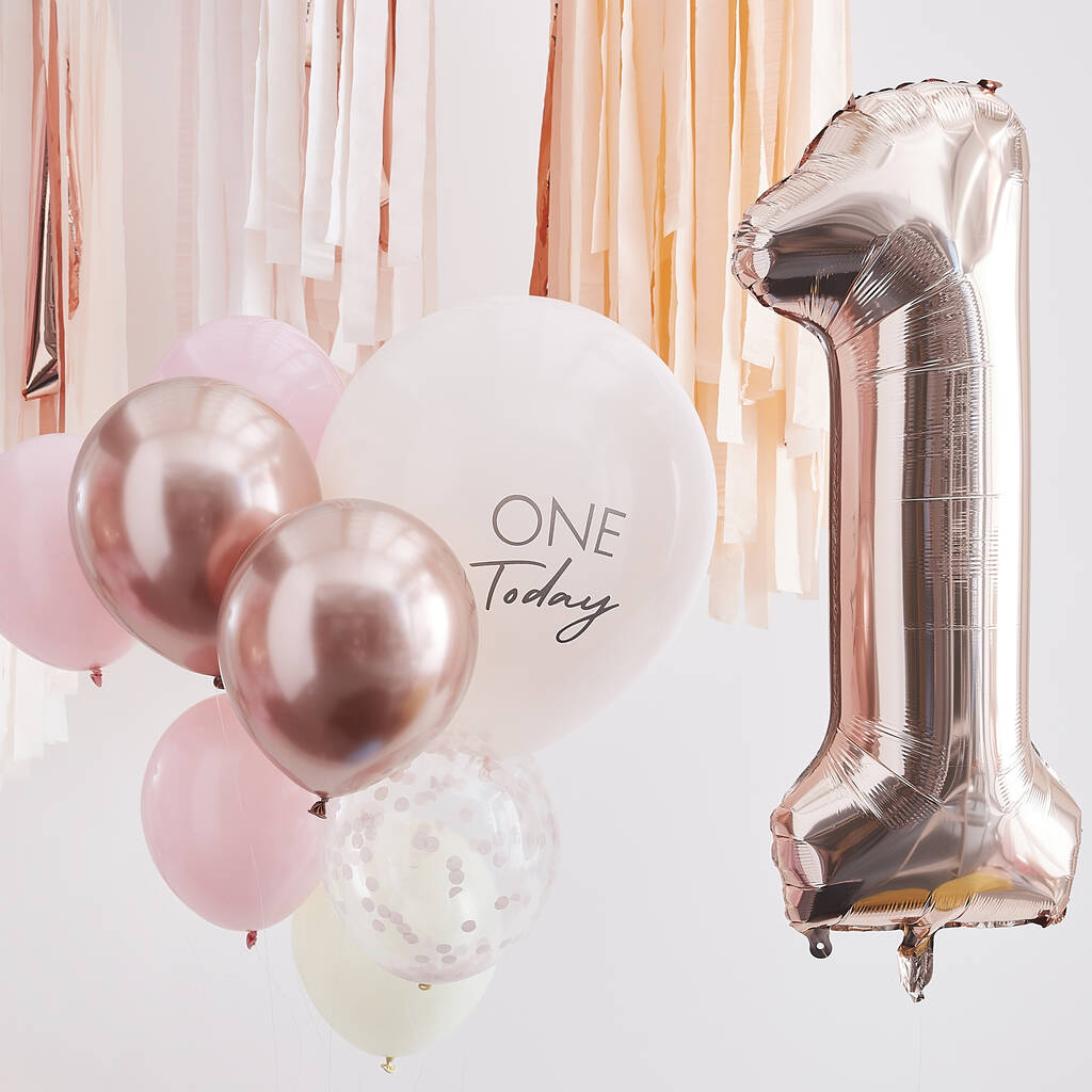 Pink And Rose Gold Gold First Birthday Balloons Bundle, 1 of 3