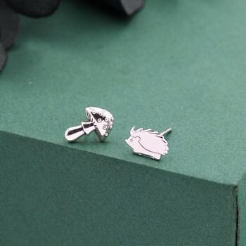 Mismatched Mushroom And Hedgehog Stud Earrings In Sterling Silver, 3 of 10