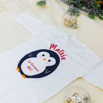 Personalised Penguin Baby First Christmas Babygrow, 2 of 12