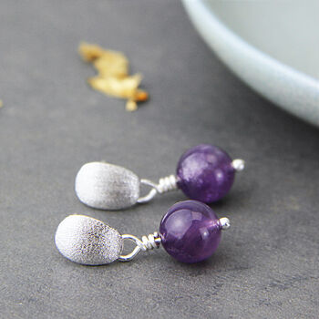Brushed Sterling Silver And Amethyst Stud Earrings, 3 of 9
