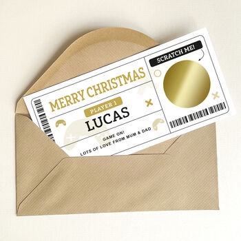 Personalised Gamer Scratch Card Christmas Voucher: Gold Circle Design, 7 of 7