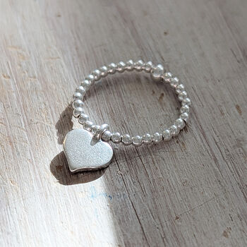 Sterling Silver Beaded Heart Charm Ring, 2 of 5