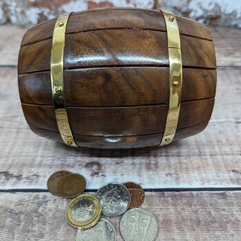 Small Wooden Whiskey Barrel Money Box, 2 of 5