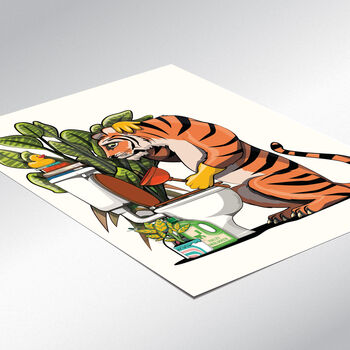 Tiger Cleaning The Toilet Poster, Funny Big Cat Art, 3 of 7