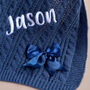 Personalise Steel Blue Knitted Blanket With Bow, thumbnail 2 of 9
