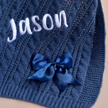 Personalise Steel Blue Knitted Blanket With Bow, 2 of 9