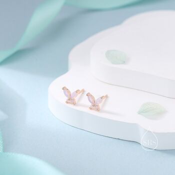 Sterling Silver Opal Pink Cz Butterfly Stud Earrings, 4 of 12