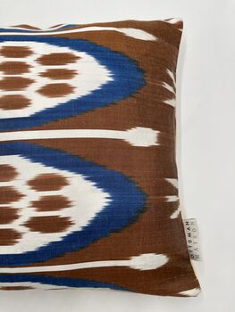 Square Ikat Silk Cushion Blue, Brown And White Abstract Design, 5 of 10