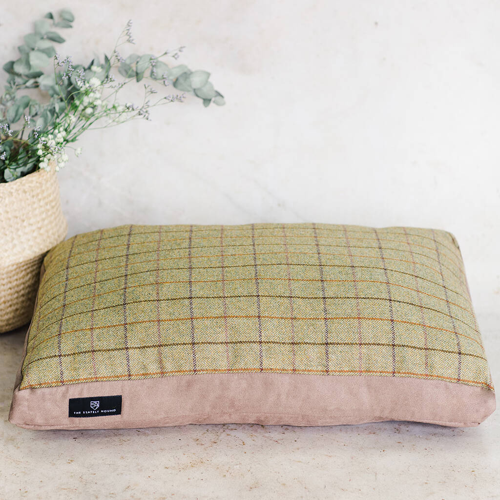 Green Tweed Wool Dog Bed With Faux Suede Base By The Stately Hound